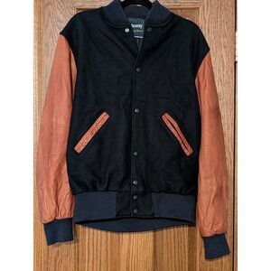 Holloway Varsity Jacket Wool Body Leather Sleeves Snap Navy Men Size Small